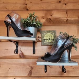 Angela Nuran 💜 L'amour Black Silk Slingback Heel Rhinestone Brooch Platform 7.5